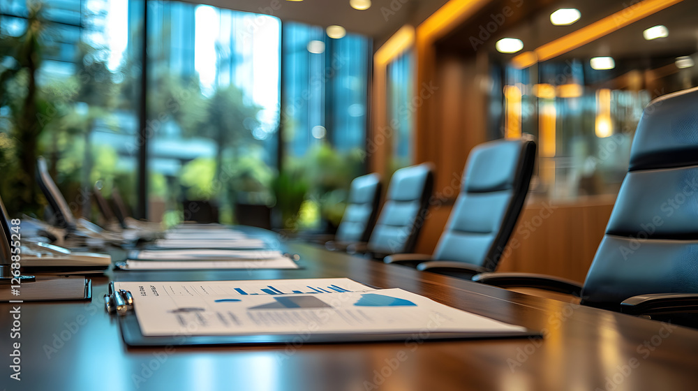 financial meeting room with only a single chair and one report on the table. financial meeting room with only a single chair and one report on the table.