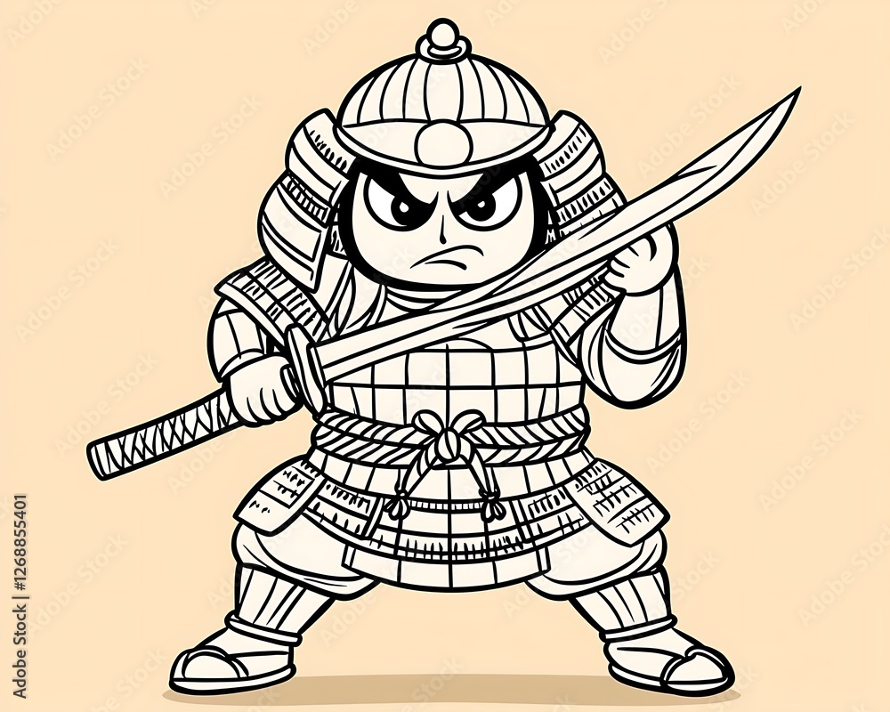 Fototapeta premium Cartoon Samurai Character with Sword and Fierce Expression