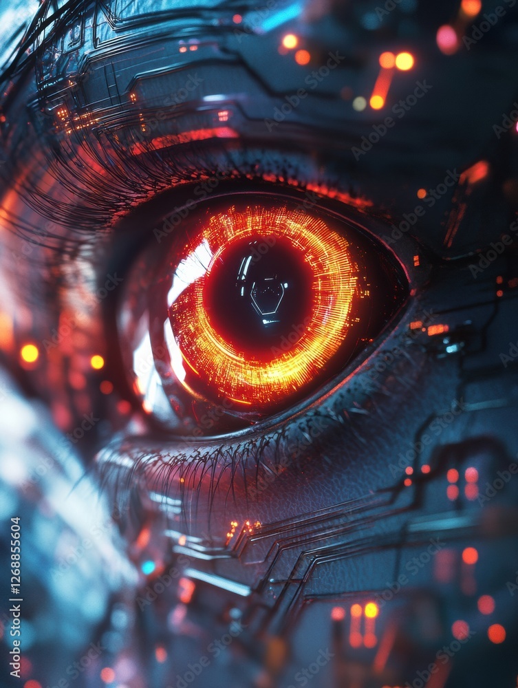 Close up view of a glowing robotic eye surrounded by detailed futuristic circuits and intricate designs. Generative AI Close up view of a glowing robotic eye surrounded by detailed futuristic circuits and intricate designs. Generative AI
