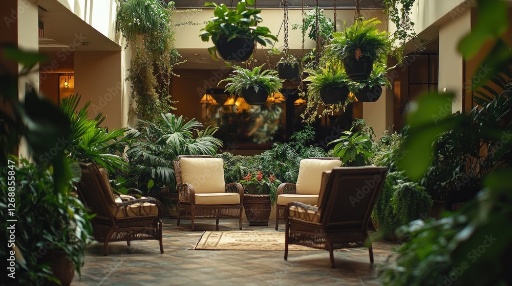Tranquil Indoor Garden With Comfortable Wicker Chairs Tranquil Indoor Garden With Comfortable Wicker Chairs