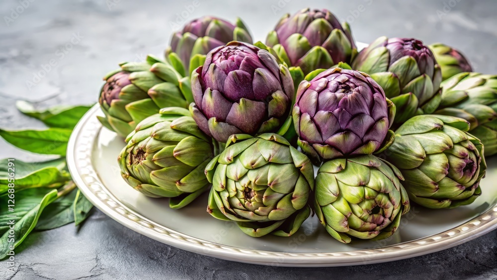 Fototapeta premium Fresh Artichokes Displayed on Decorative Plate with Green Leaves