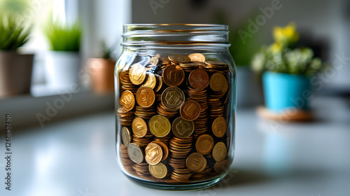 glass jar half-filled with coins, positioned off-center on a clean white table.