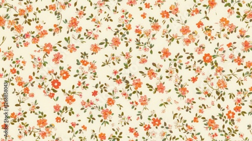 Seamless vintage floral pattern with small pink, orange and green flowers on cream background, Ditsy print, cute and colorful style. Suitable for many design scenarios