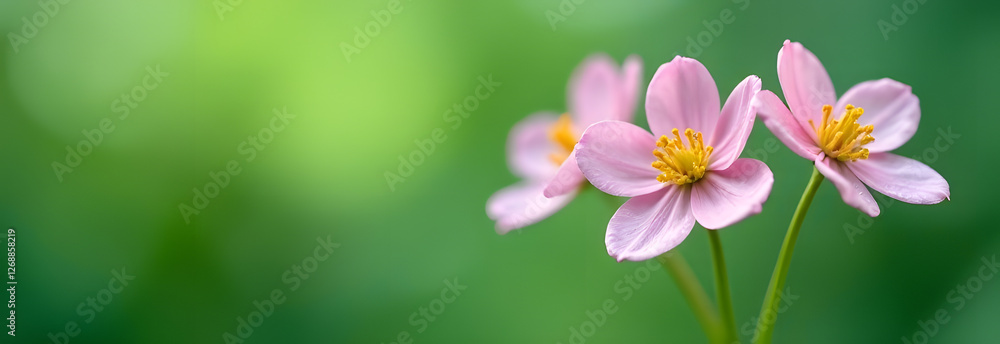 Obraz premium Flowers with delicate dew drops are positioned on the right, while the left side features a soft blurred background in light green tones. 