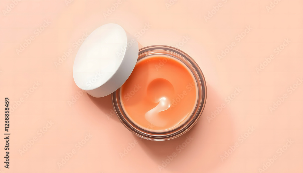 Open jar of peach-colored cream on a pastel background, representing skincare, beauty, and moisturizing products for healthy and glowing skin