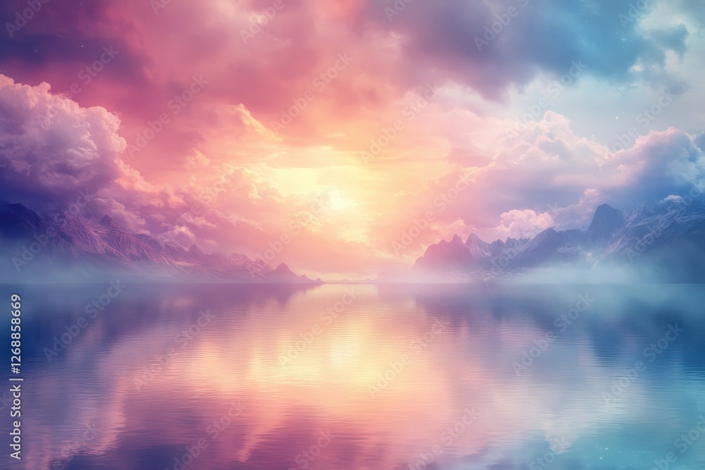 Obraz premium Dreamy landscape features water mountains clouds and a colorful sky