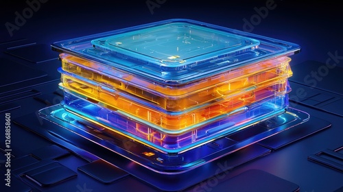 Abstract layered chip design, glowing in dark circuit background