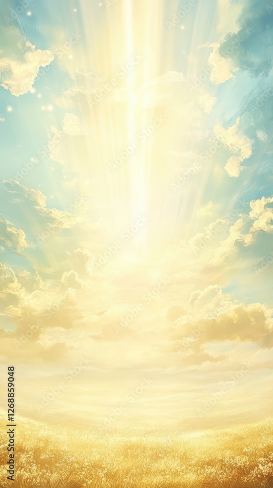 Sun rays pierce clouds illuminating golden field below intensely Sun rays pierce clouds illuminating golden field below intensely