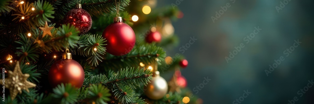 Elegant Christmas tree with traditional ornaments & garland, close-up, silver, season Elegant Christmas tree with traditional ornaments & garland, close-up, silver, season