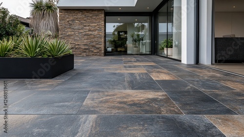 Modern outdoor patio with stone tiles and greenery, creating a stylish entrance.