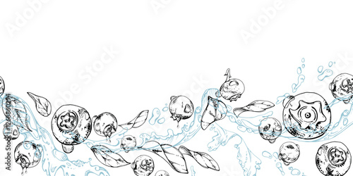 Blueberry blackberry flying in water splashes with drops, hand drawn in ink vector, ripe sketch forest berry and leaves. Seamless banner illustration for restaurant, cafe menu, wedding, farmers market