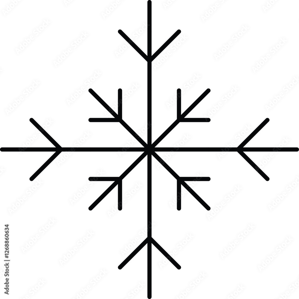 Black line art of a snowflake, designed with simplicity and precision, set against a plain white background. Representing winter and seasonal themes, perfect for designs or educational uses. Black line art of a snowflake, designed with simplicity and precision, set against a plain white background. Representing winter and seasonal themes, perfect for designs or educational uses.