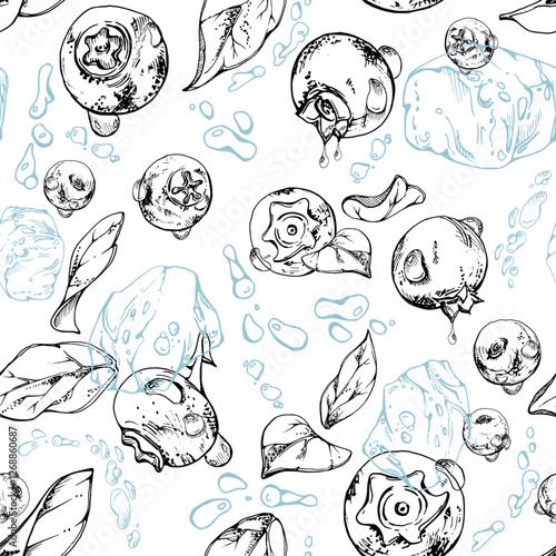 Blueberry blackberry flying in water splashes drops, hand drawn in ink vector, ripe sketch forest berry and leaves. Isolated seamless pattern illustration. Dessert cafe menu, farmers market, wedding