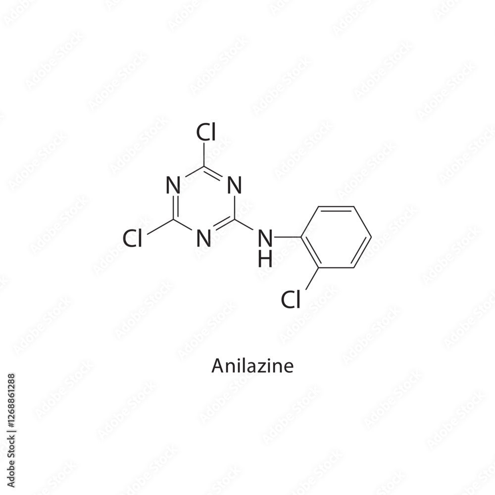 Anilazine skeletal structure.Triazine fungicide compound schematic illustration. Simple diagram, chemical formula. Anilazine skeletal structure.Triazine fungicide compound schematic illustration. Simple diagram, chemical formula.