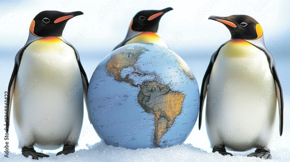 Fototapeta premium Three penguins surrounding a globe, symbolizing global awareness and environmental themes.