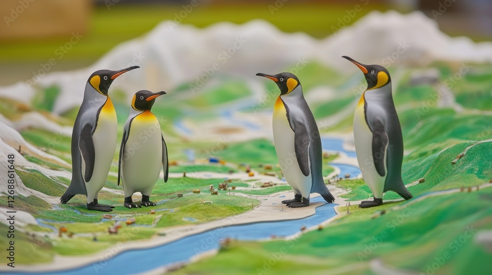 Fototapeta premium A model landscape featuring penguin figurines on a textured terrain.