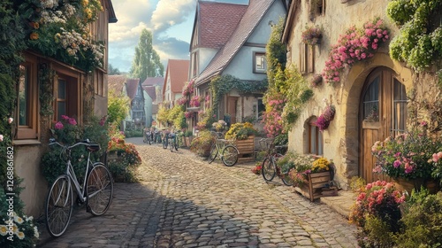 Fototapeta Naklejka Na Ścianę i Meble -  Charming bike tour through a vibrant neighborhood filled with flowers and cobblestone streets in a picturesque town