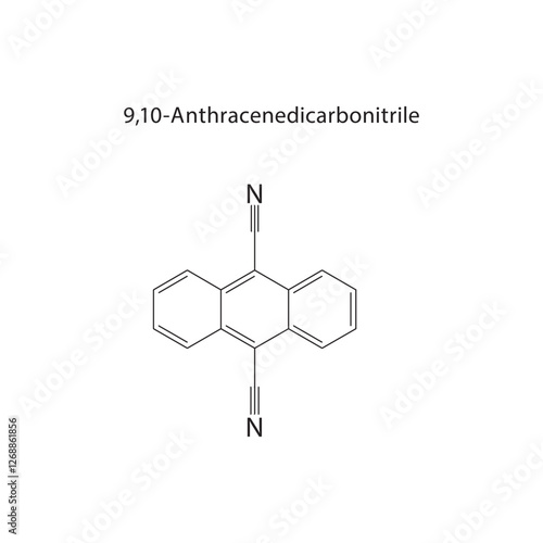 9,10-Anthracenedicarbonitrile skeletal structure.Anthracene derivative compound schematic illustration. Simple diagram, chemical formula.