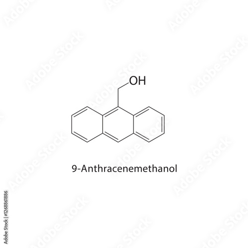 9-Anthracenemethanol skeletal structure.Anthracene derivative compound schematic illustration. Simple diagram, chemical formula.