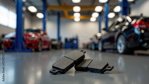 Brake pads replacement, Service area new ceramic brake pads photorealistic.