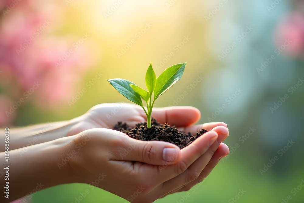 Young green plant in hands against beautiful spring blurred background. Holiday Earth day concept Young green plant in hands against beautiful spring blurred background. Holiday Earth day concept