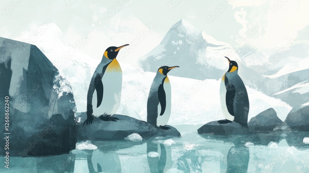 Fototapeta premium Three penguins standing on rocks near icy waters and mountains in a serene landscape.