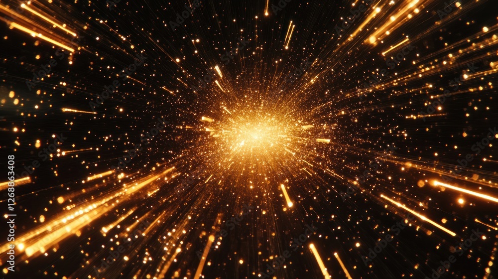 Fototapeta premium Golden light streaks and particles explode from central point in dark space, creating a sense of motion and energy.