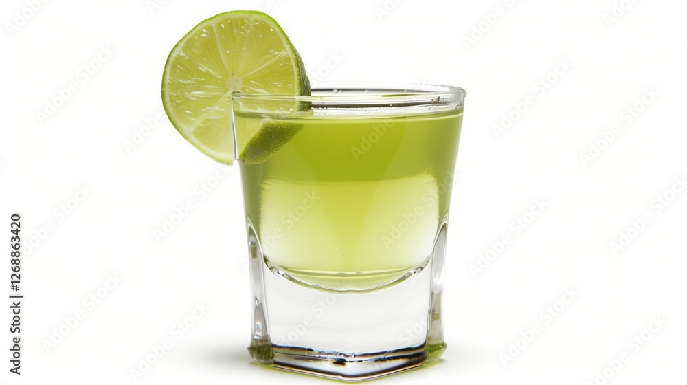 A clear glass of freshly squeezed lime juice with a light green hue, a thin slice of lime perched on the rim, set against a white backdrop. A clear glass of freshly squeezed lime juice with a light green hue, a thin slice of lime perched on the rim, set against a white backdrop.