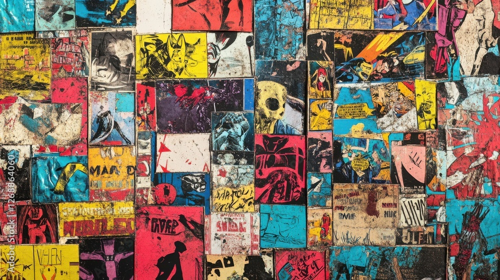 Fototapeta premium Dynamic Pop Art Collage of Vintage Comic Panels, Colorful Designs, Graphic Art, White Background, Bold Patterns