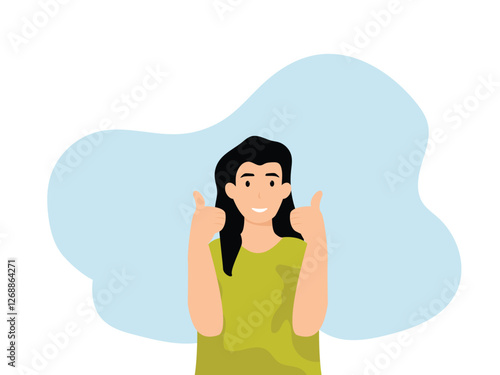 Happy young woman showing thumbs up with both hands and smiling. Cartoon, vector and illustration.