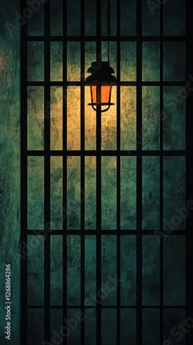 Hanging lantern illuminates the darkness of a prison cell photo