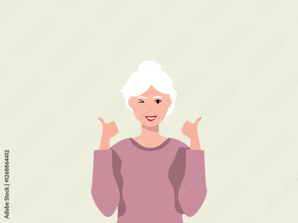 Happy senior woman  showing thumbs up and  winking eye .with both hands and smiling. Cartoon, vector and illustration.
