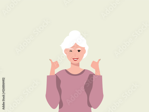 Happy senior woman  showing thumbs up and  winking eye .with both hands and smiling. Cartoon, vector and illustration.