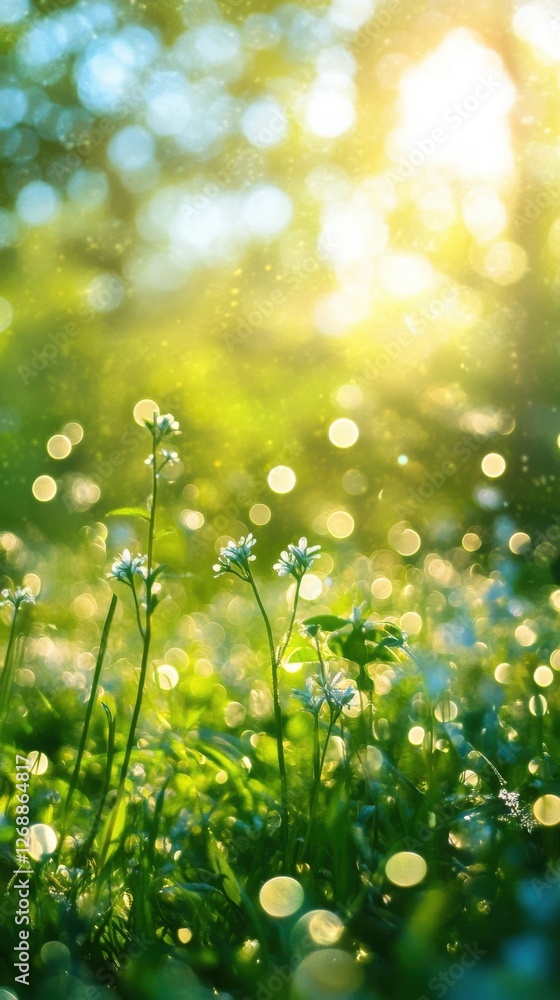 Fototapeta premium Bright gradient of lime green light filters through a vibrant garden during early morning hours