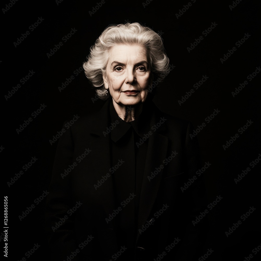 Fototapeta premium A dignified elderly woman with gray hair stands confidently against a dark background, exuding wisdom and strength.