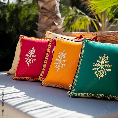 Colorful Moroccan-style pillows with gold embroidery, on a shaded daybed photo