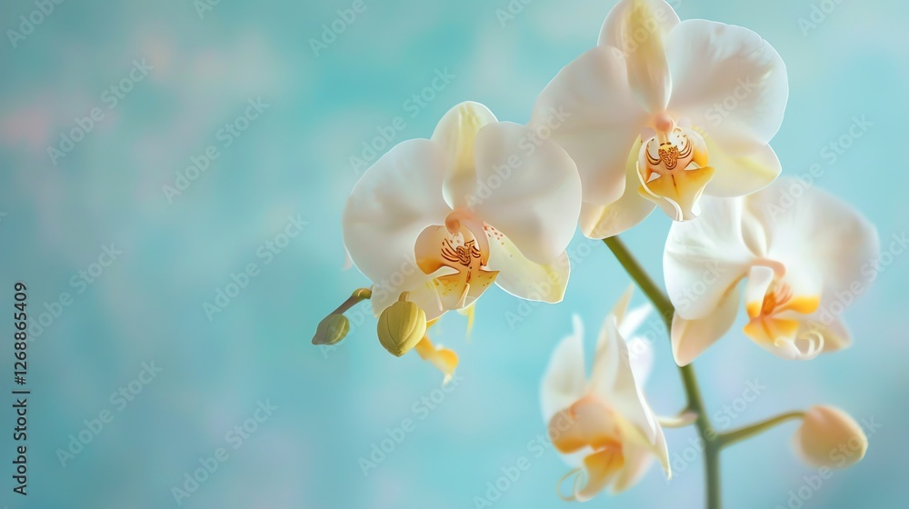 Obraz premium A beautiful close-up of a white orchid flower with a blurred background. The orchid is in focus and the petals are a delicate white color.