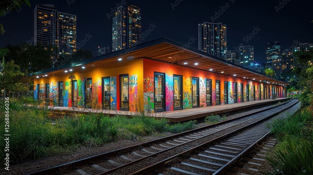 Fototapeta premium Night view of colorful building beside train tracks and city skyline.