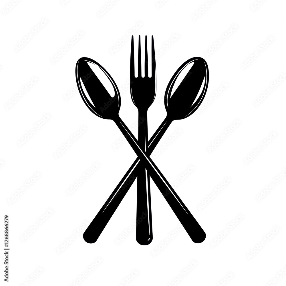 Isolated Black Silhouette of Crossed Spoon, Fork, and Spoon