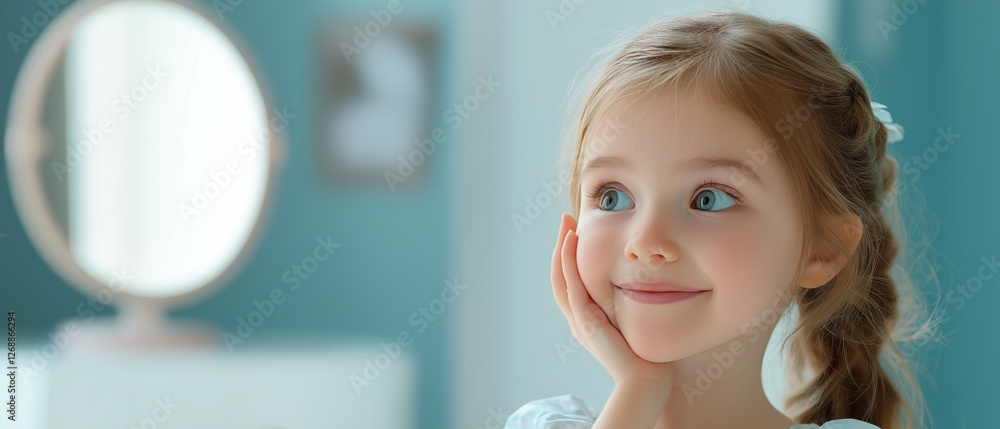 Young girl smiles while admiring herself in a bright and cheerful room Young girl smiles while admiring herself in a bright and cheerful room