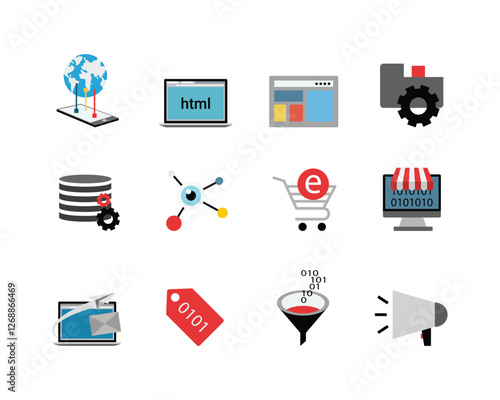 tablet with globe, Html Colored Vector Illustration, Web Layout Icon, File Settings Icon, Database Icon, Chemical bonding connecting network, e Shopping cart, Binary, mail, Tag, Filter, megaphone icon