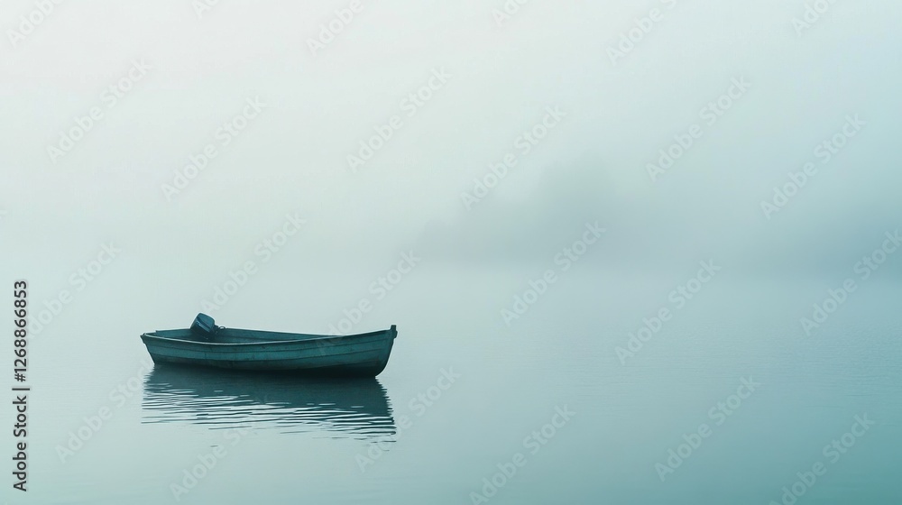 Soft pastel mint and gray mist envelops a solitary boat on calm waters at dawn Soft pastel mint and gray mist envelops a solitary boat on calm waters at dawn