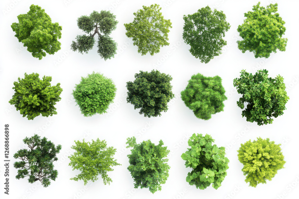 Top view collection of tree tops showcasing various shades of green and foliage textures isolate on white background Top view collection of tree tops showcasing various shades of green and foliage textures isolate on white background