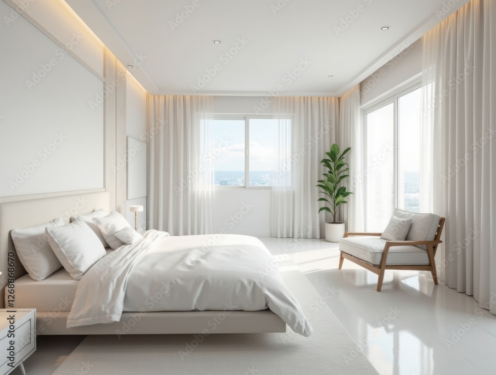 Fototapeta premium Bright and cozy modern hotel bedroom interior design with white walls