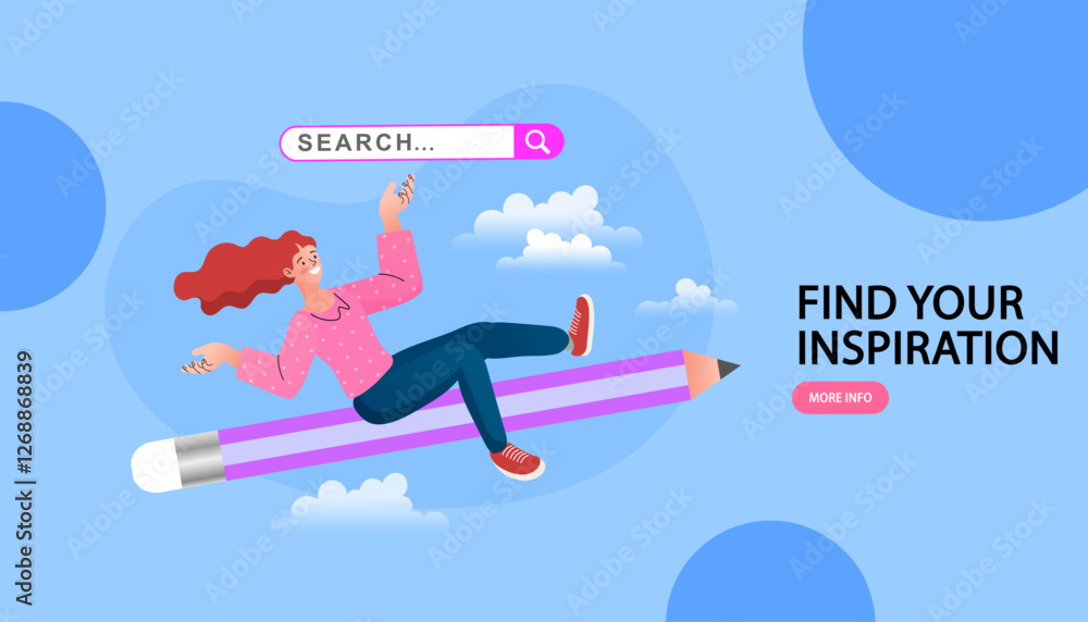 Woman flying on a pencil. Creativity from information on the web. Generating ideas or leap of imagination concept. Generating ideas or leap of imagination. Back to school vector illustration. Woman flying on a pencil. Creativity from information on the web. Generating ideas or leap of imagination concept. Generating ideas or leap of imagination. Back to school vector illustration.
