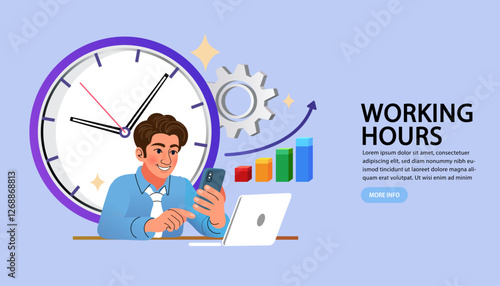 Man holding a gear standing near a big clock. time management concept. Efficiency in business, work productivity. Making the right decisions within the time limit. Vector outline illustration.
