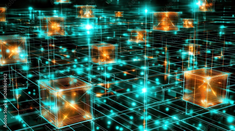 Abstract glowing cubes network, digital future, technology Abstract glowing cubes network, digital future, technology