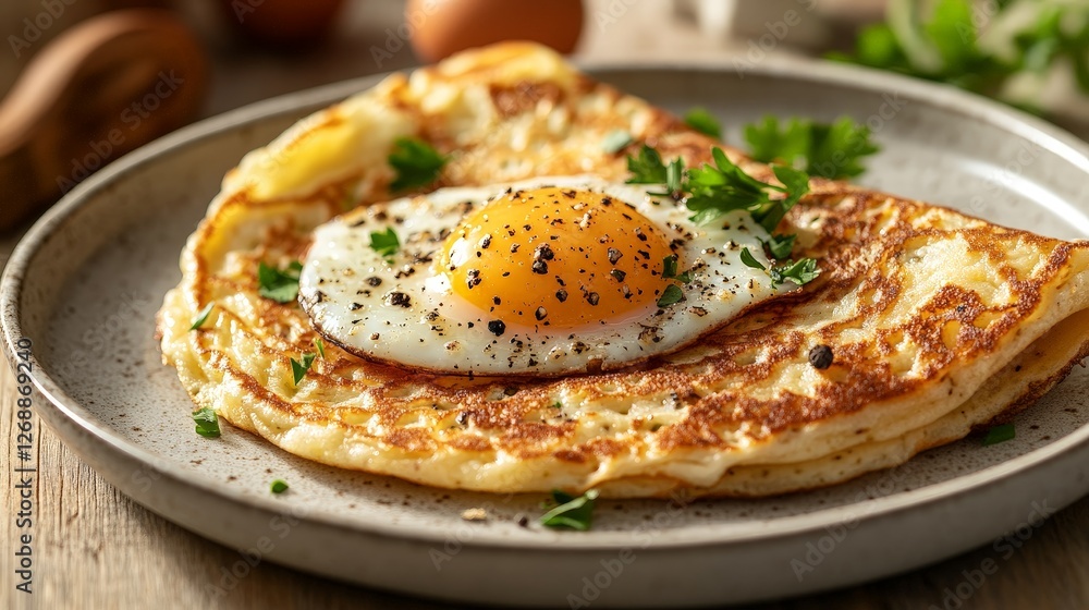 A delicious omelette topped with a fried egg and herbs on a rustic plate. A delicious omelette topped with a fried egg and herbs on a rustic plate.