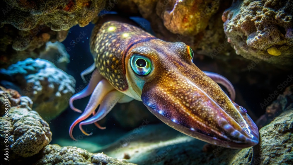 A mesmerizing underwater close-up revealing the intricate details of a cuttlefish, its vibrant colors and striking eyes gleaming against a backdrop of textured rocks and shadowy depths. A mesmerizing underwater close-up revealing the intricate details of a cuttlefish, its vibrant colors and striking eyes gleaming against a backdrop of textured rocks and shadowy depths.