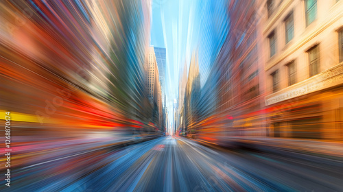 City street speed blur, buildings, sunrise, motion